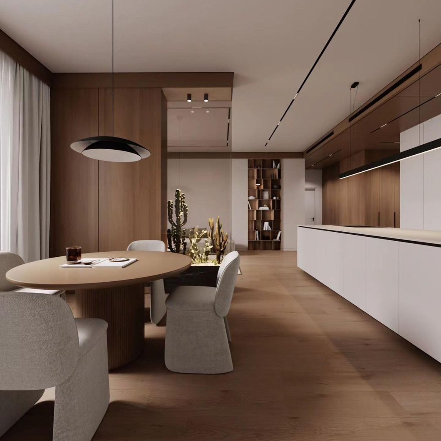 A modern kitchen and dining space featuring warm wood tones and sleek white cabinetry