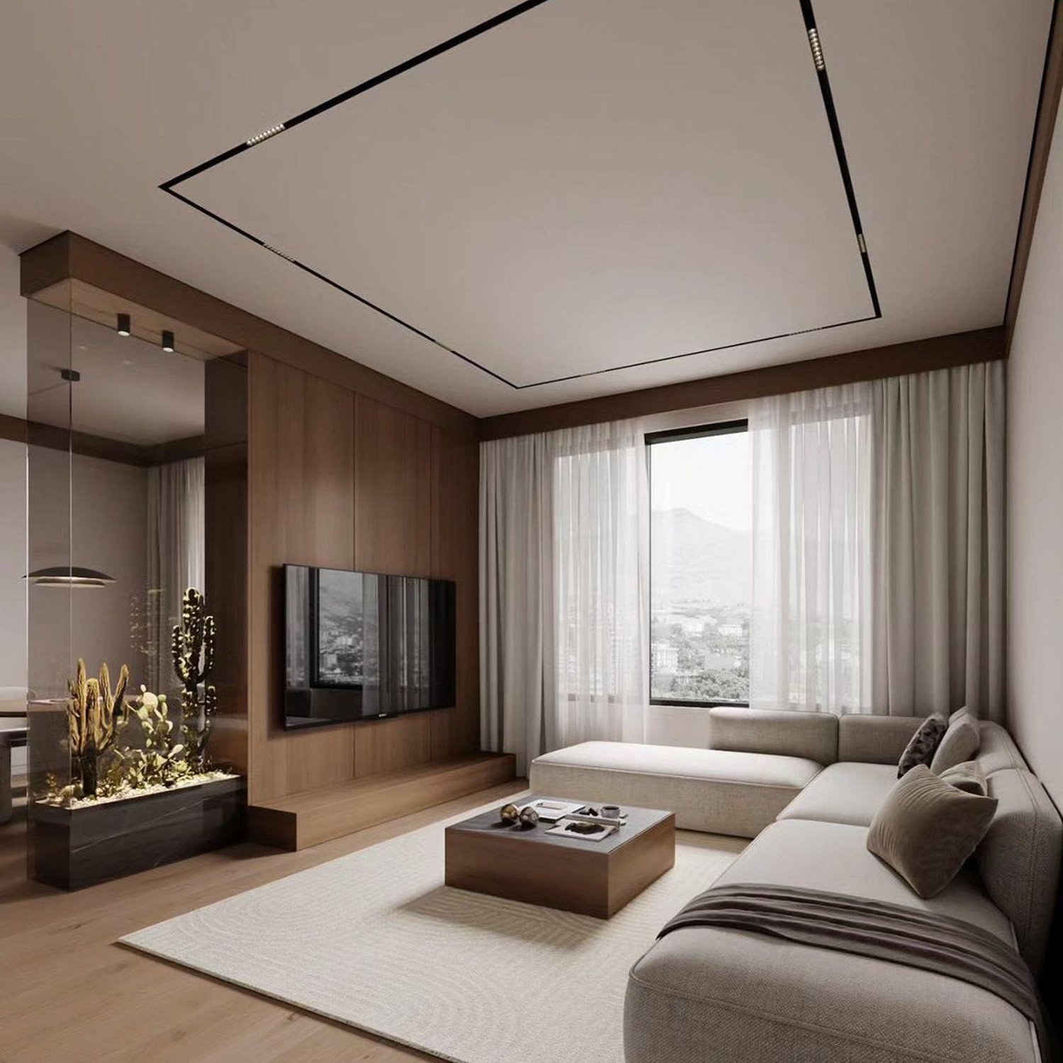 A minimalist living room with panoramic windows