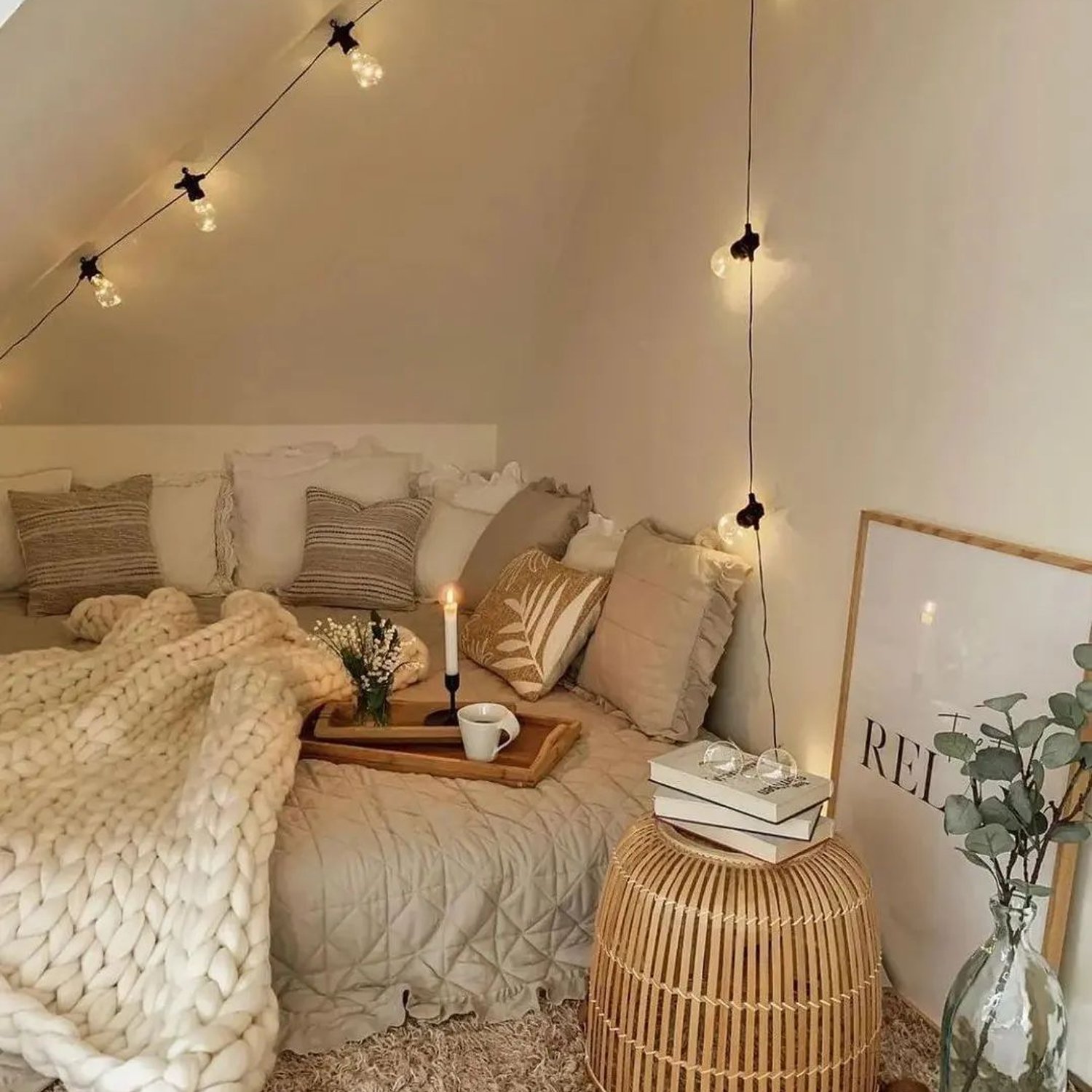 Cozy and inviting bedroom nook with string lights and plush textures