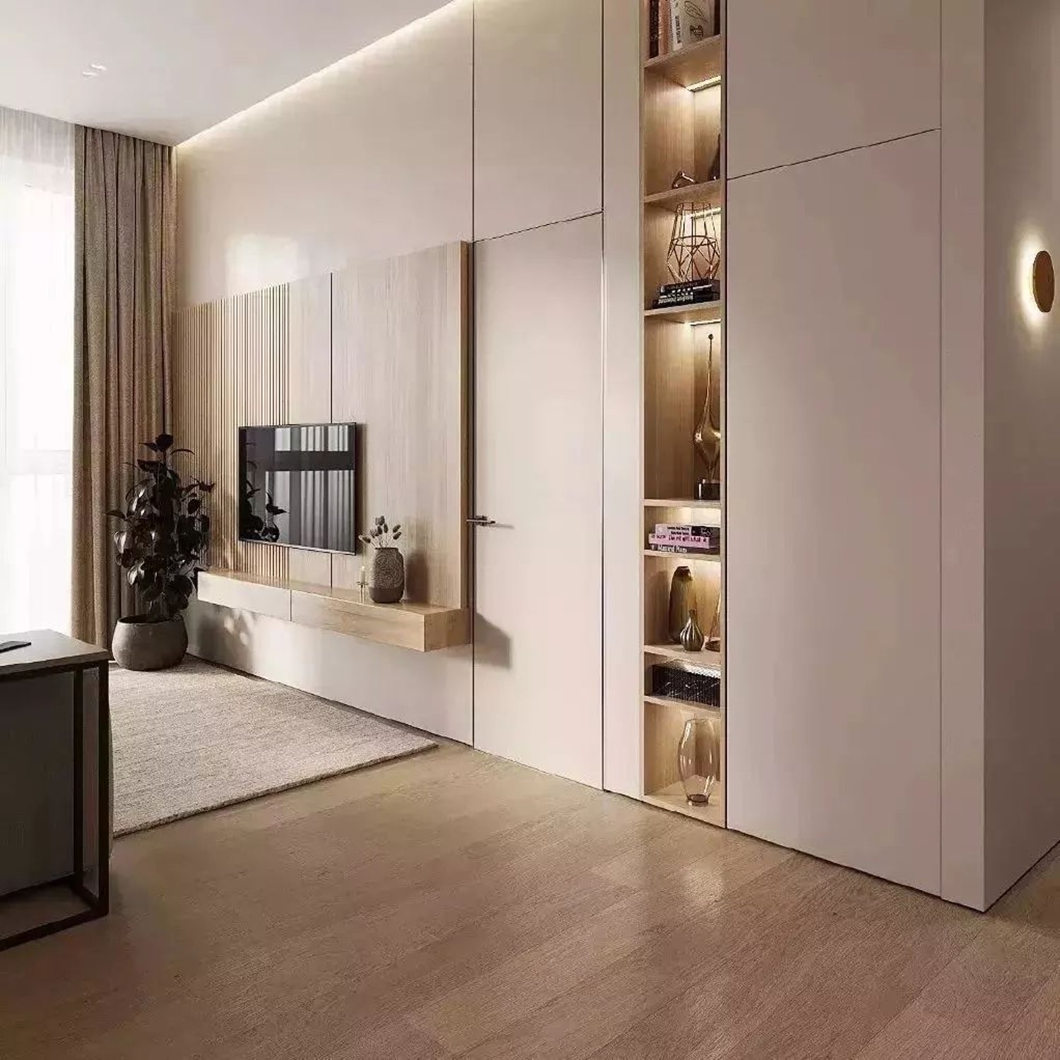 A chic, minimalist living room with seamless built-in storage