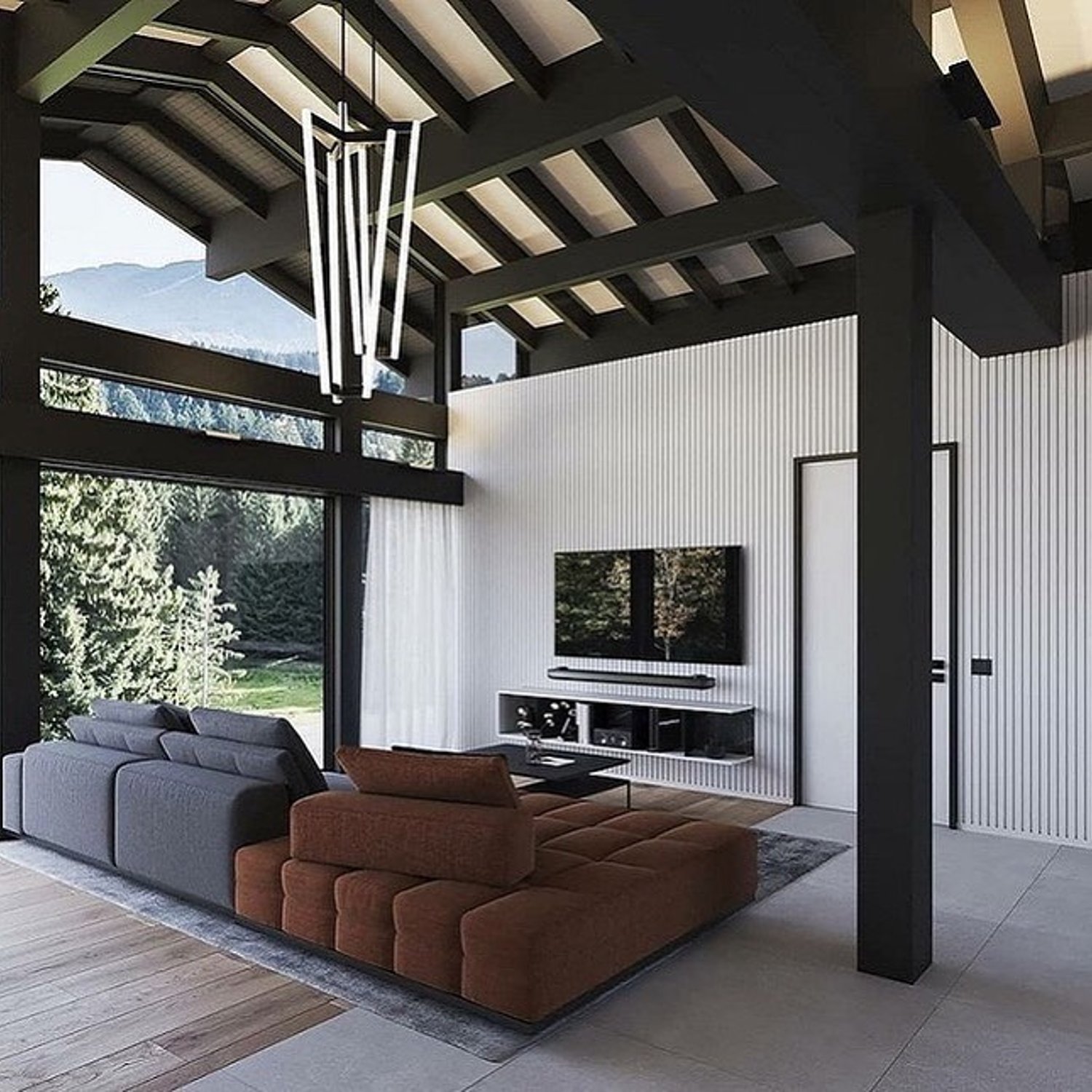 Modern living room with a view of the mountains