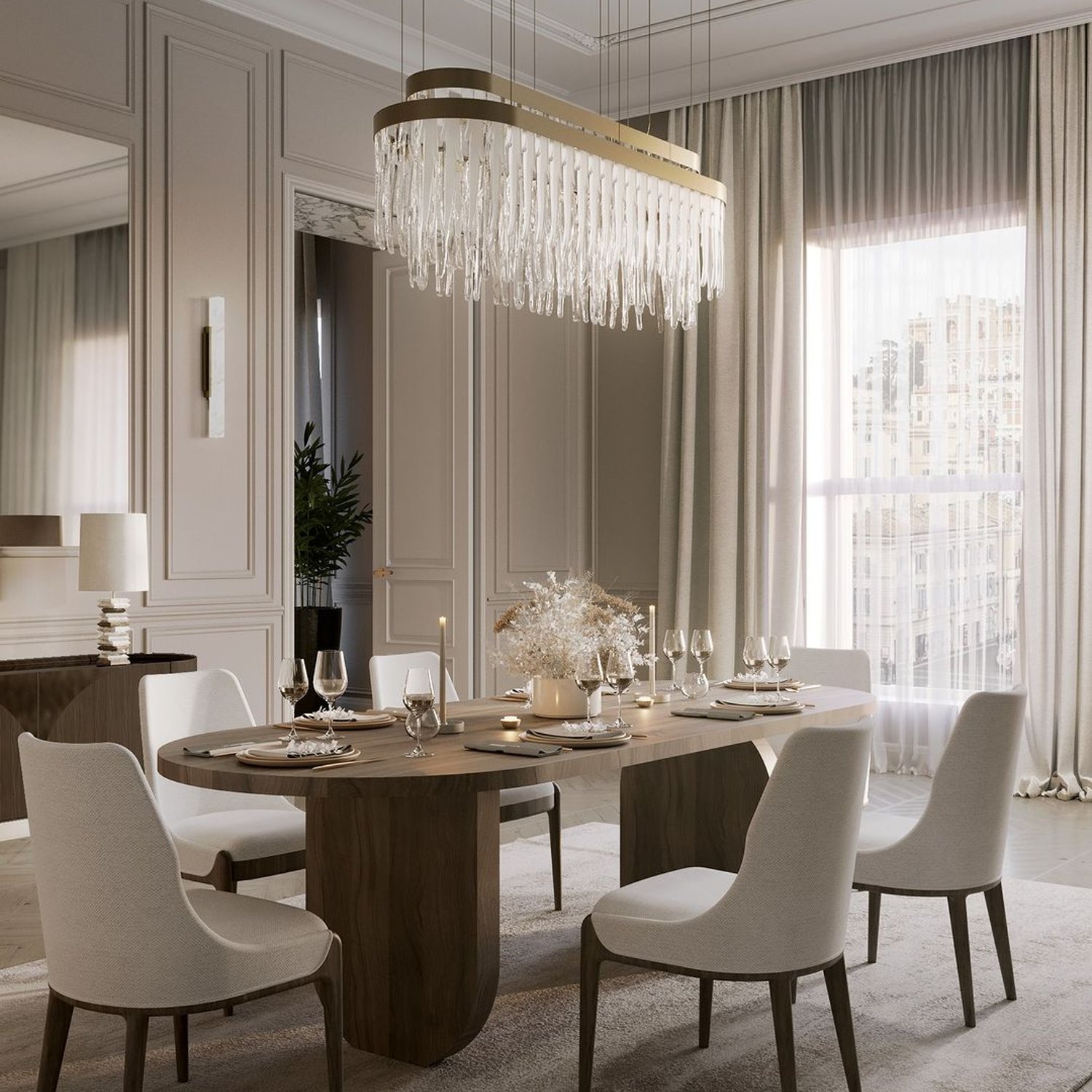 Elegant and sophisticated dining room setting with natural light