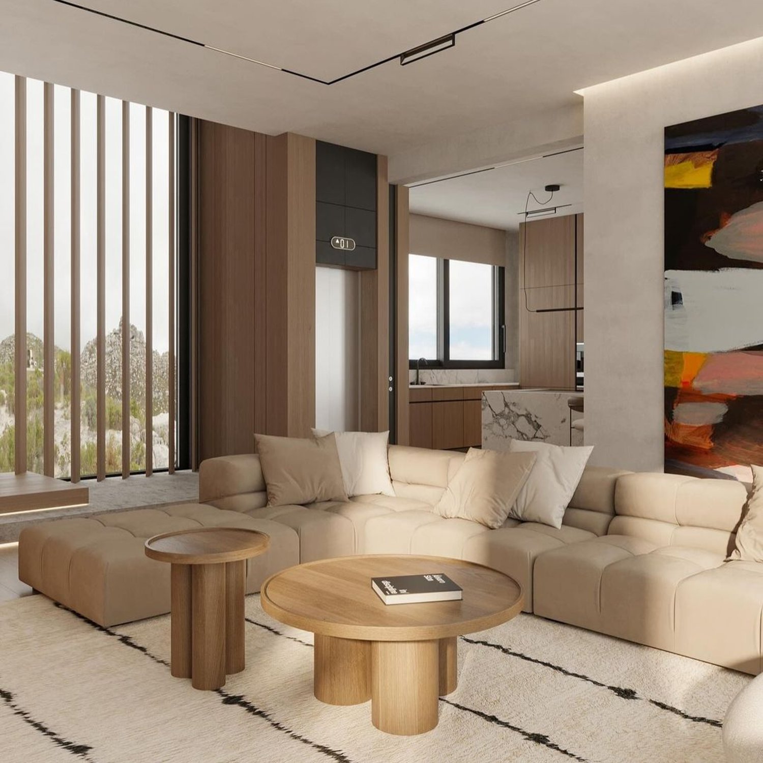 Modern living room with a comfortable beige sectional sofa