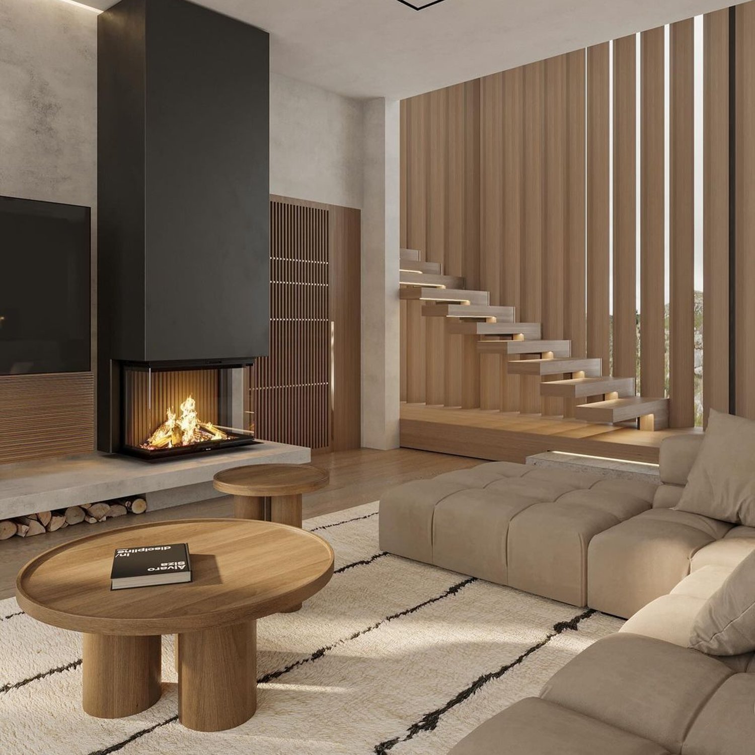 Modern Living Room with a Floating Staircase and Fireplace