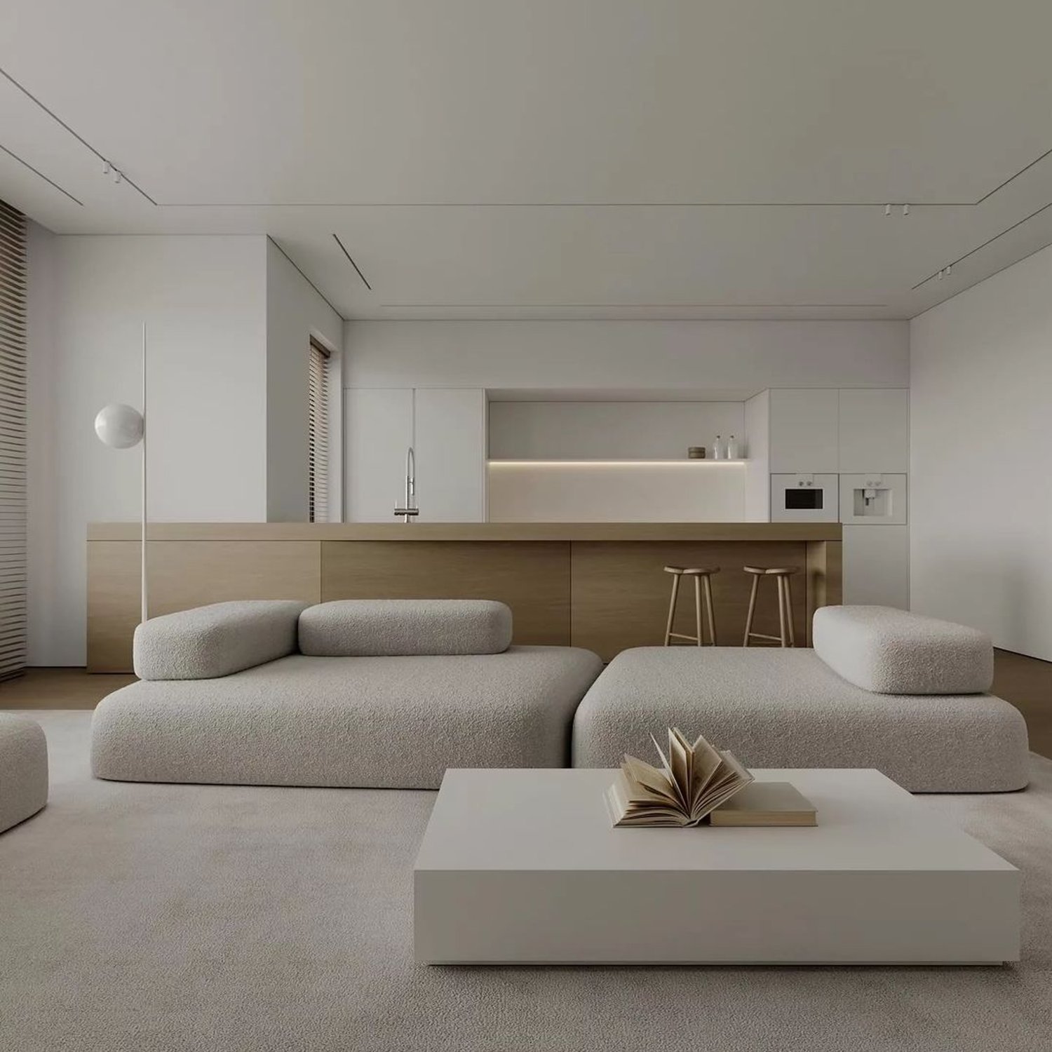 A minimalistic modern living room with a neutral color palette