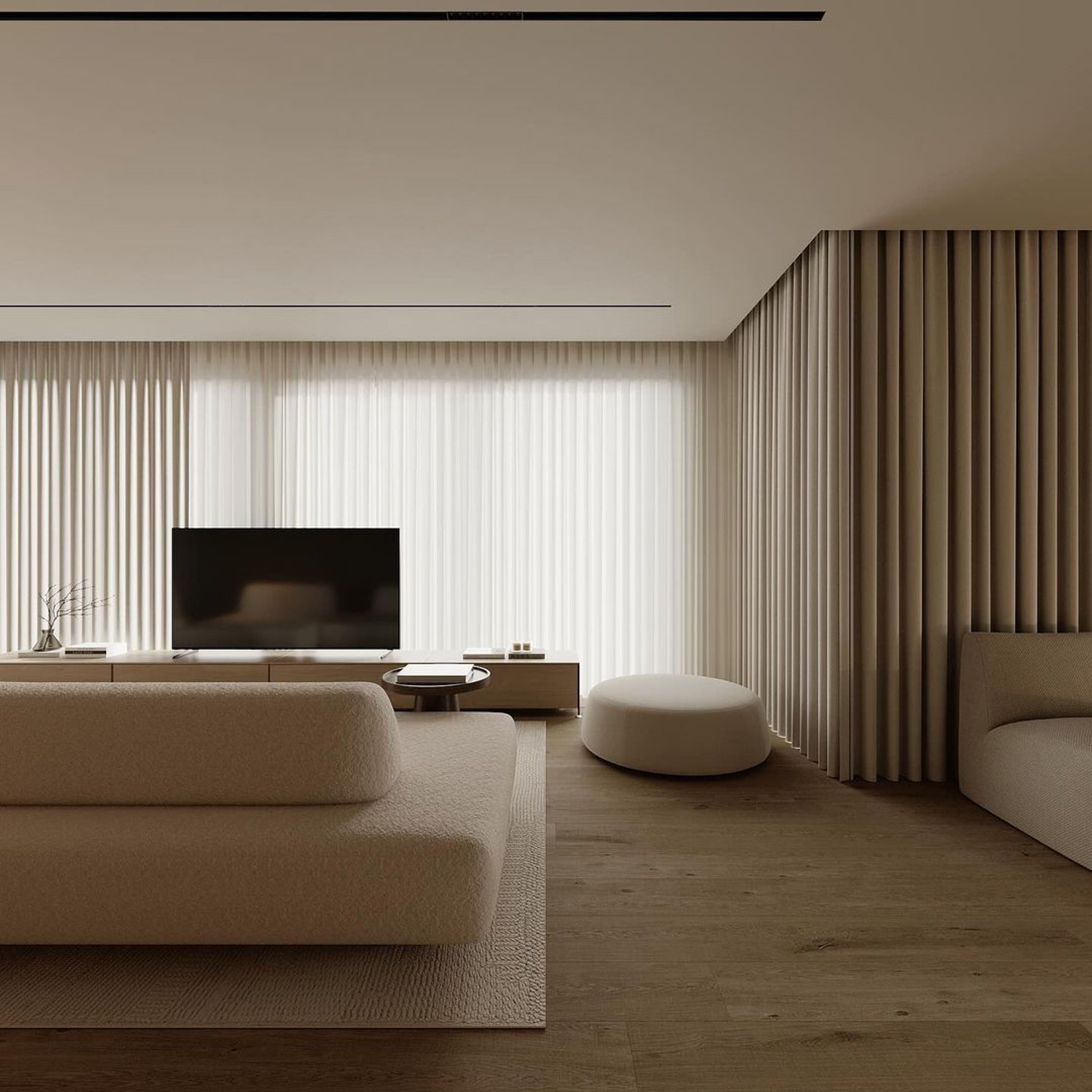 A minimalist living room design with natural wood tones