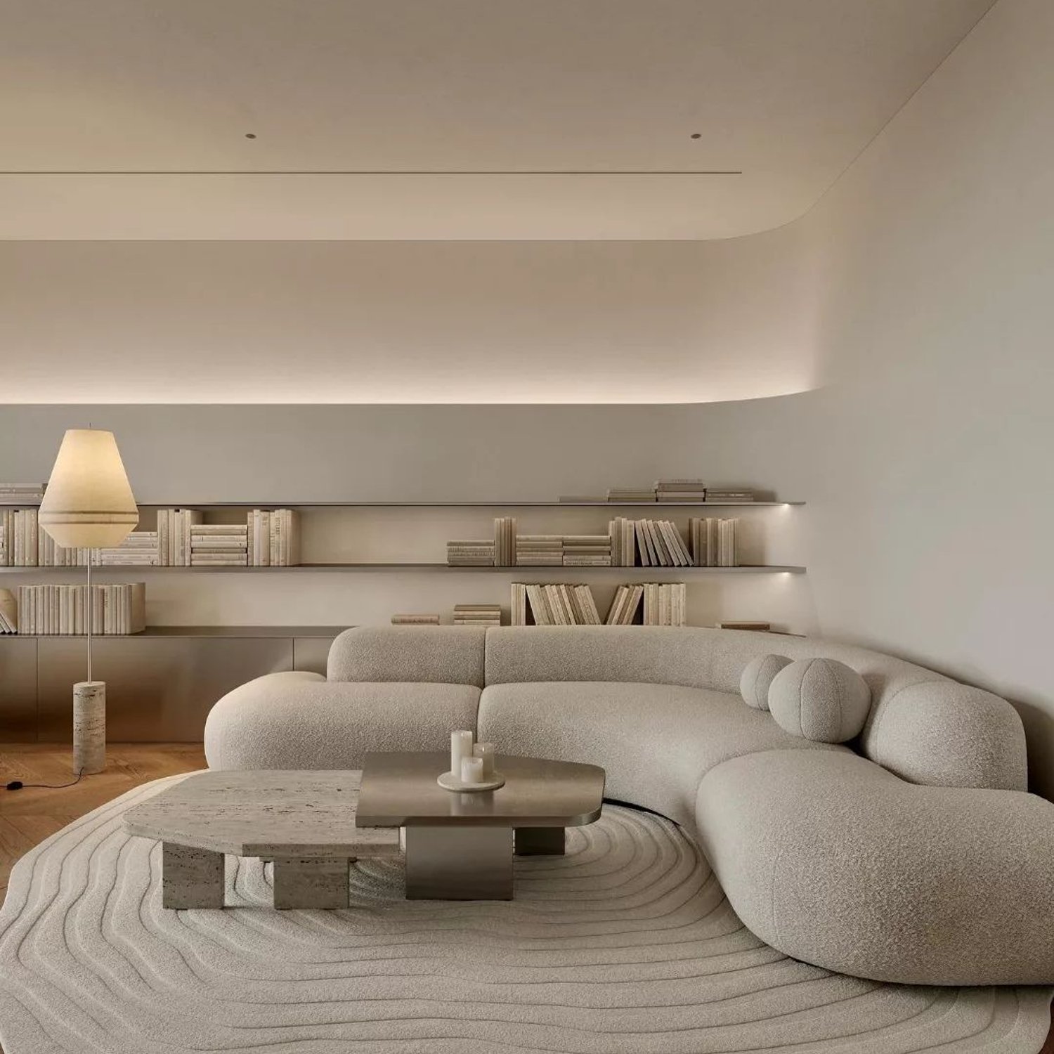 A serene and modern living room space with textured elements