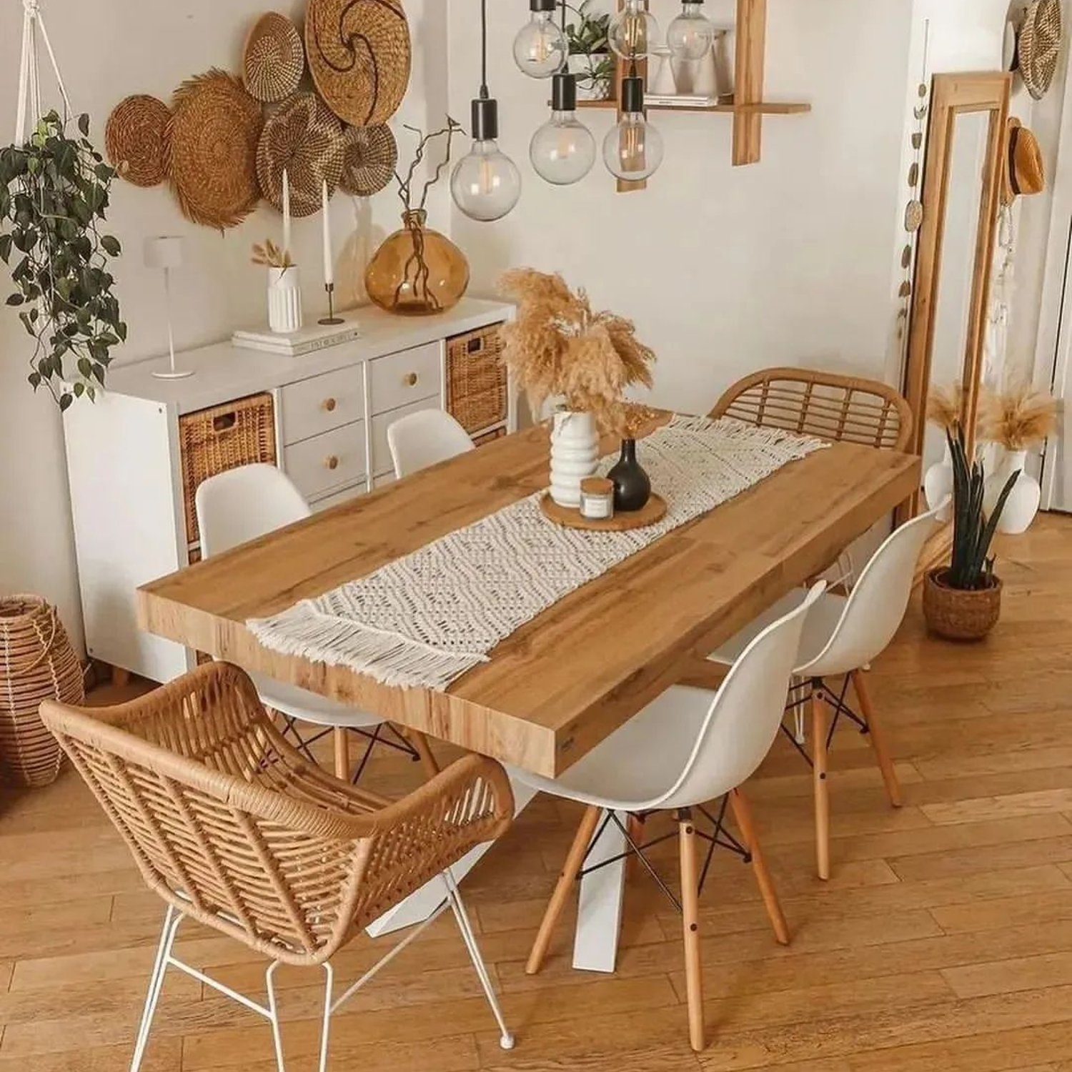 Ethnic chic dining room with a blend of modern and natural elements