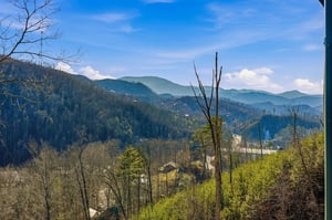 Stunning mountain vista showcases rolling forested hills and peaceful valley below under bright blue skies.