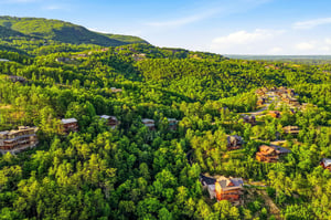 An aerial view captures cabin rentals nestled among lush mountain forests, offering a peaceful retreat surrounded by natural beauty and wooded hillsides.