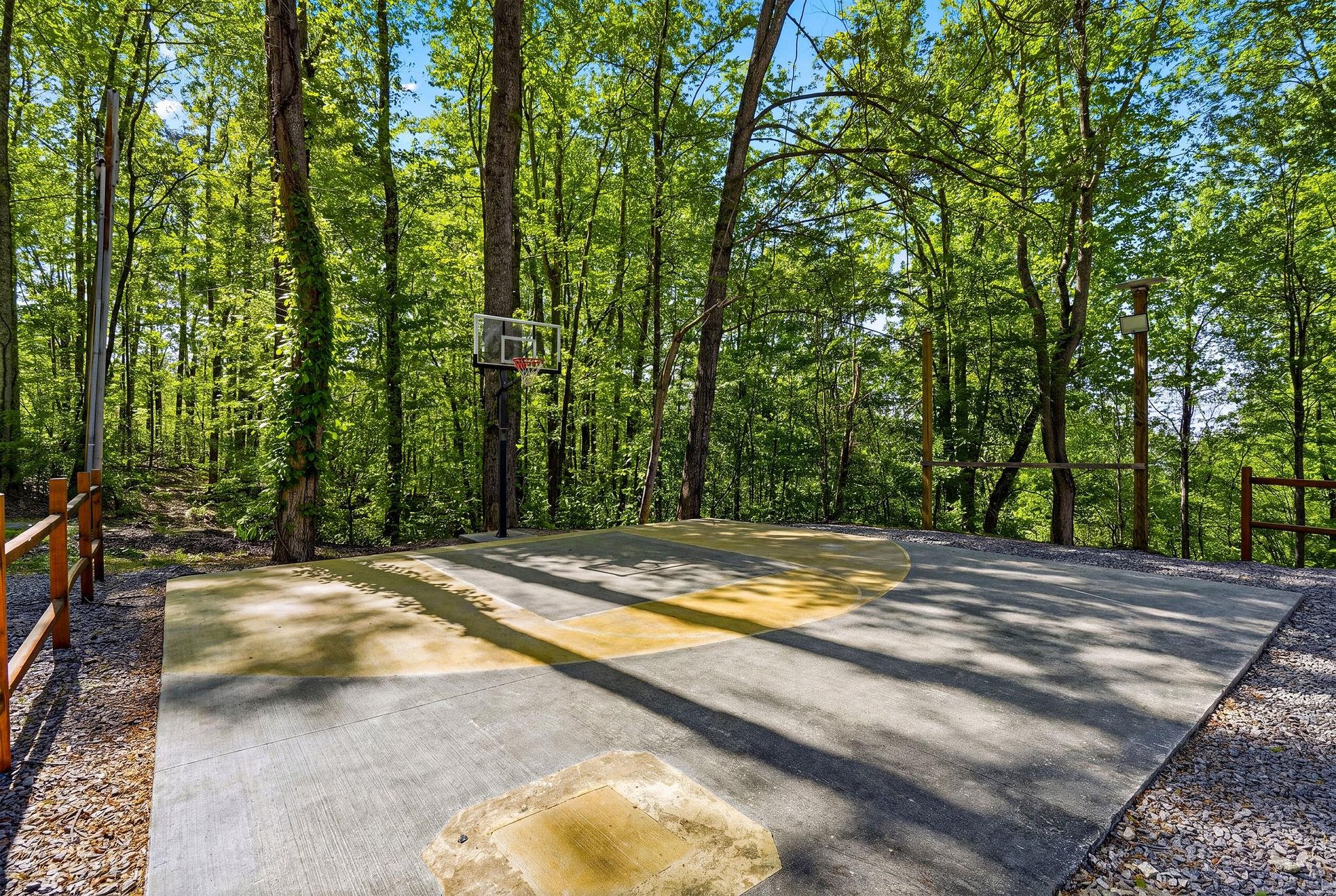 Shoot hoops on your private basketball court nestled among towering trees, where dappled sunlight creates the perfect atmosphere for family fun.