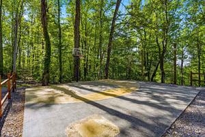 Shoot hoops on your private basketball court nestled among towering trees, where dappled sunlight creates the perfect atmosphere for family fun.