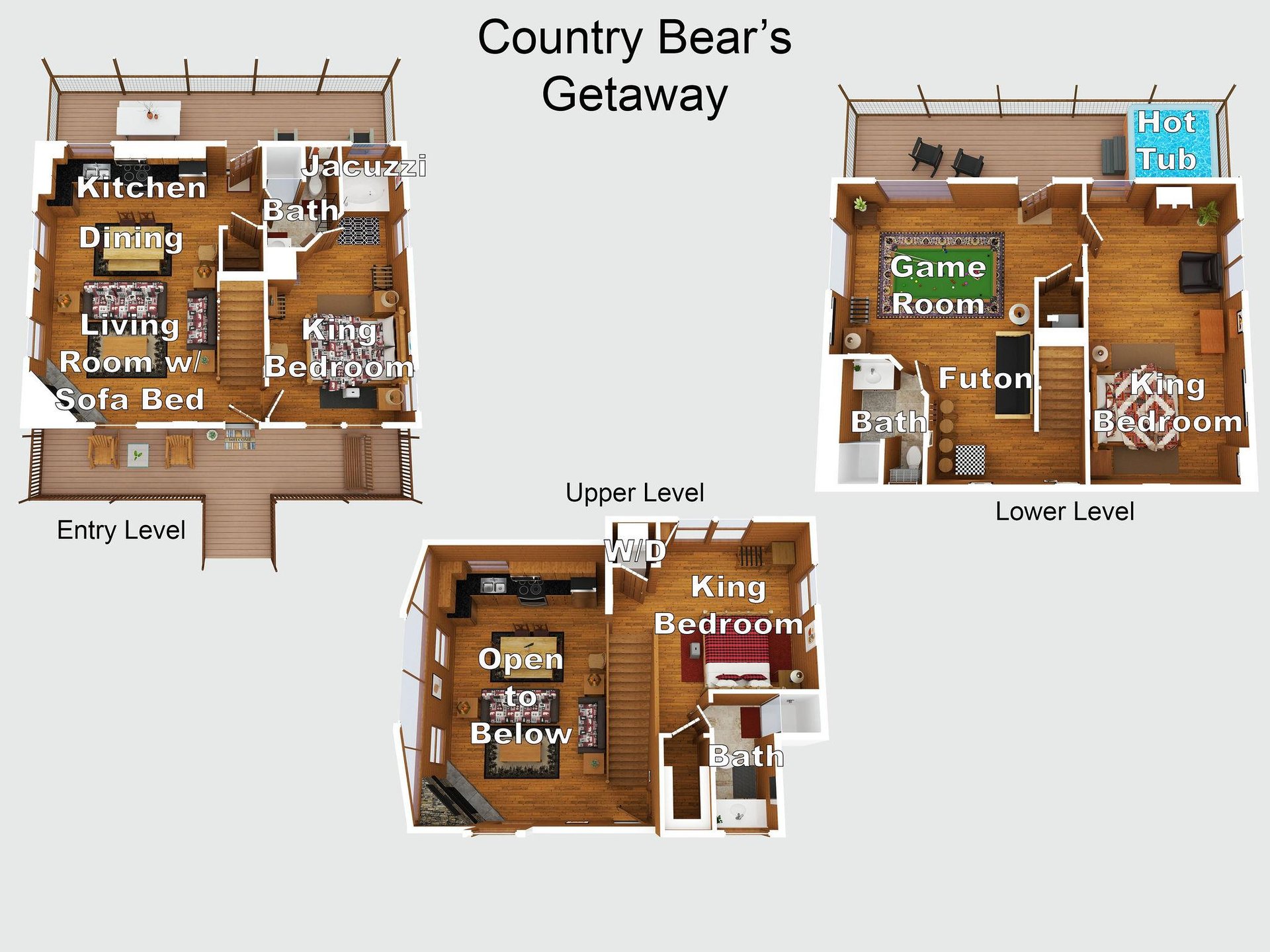 A threelevel floor plan reveals Country Bears Getaway with three king bedrooms, bathrooms, a hot tub, game room, jacuzzi, and full kitchen—ideal for mountain retreat comfort and entertainment.