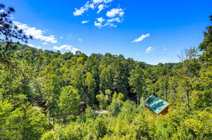 A secluded cabin nestled in lush forest, surrounded by rolling hills and bright summer skies—your private escape awaits.