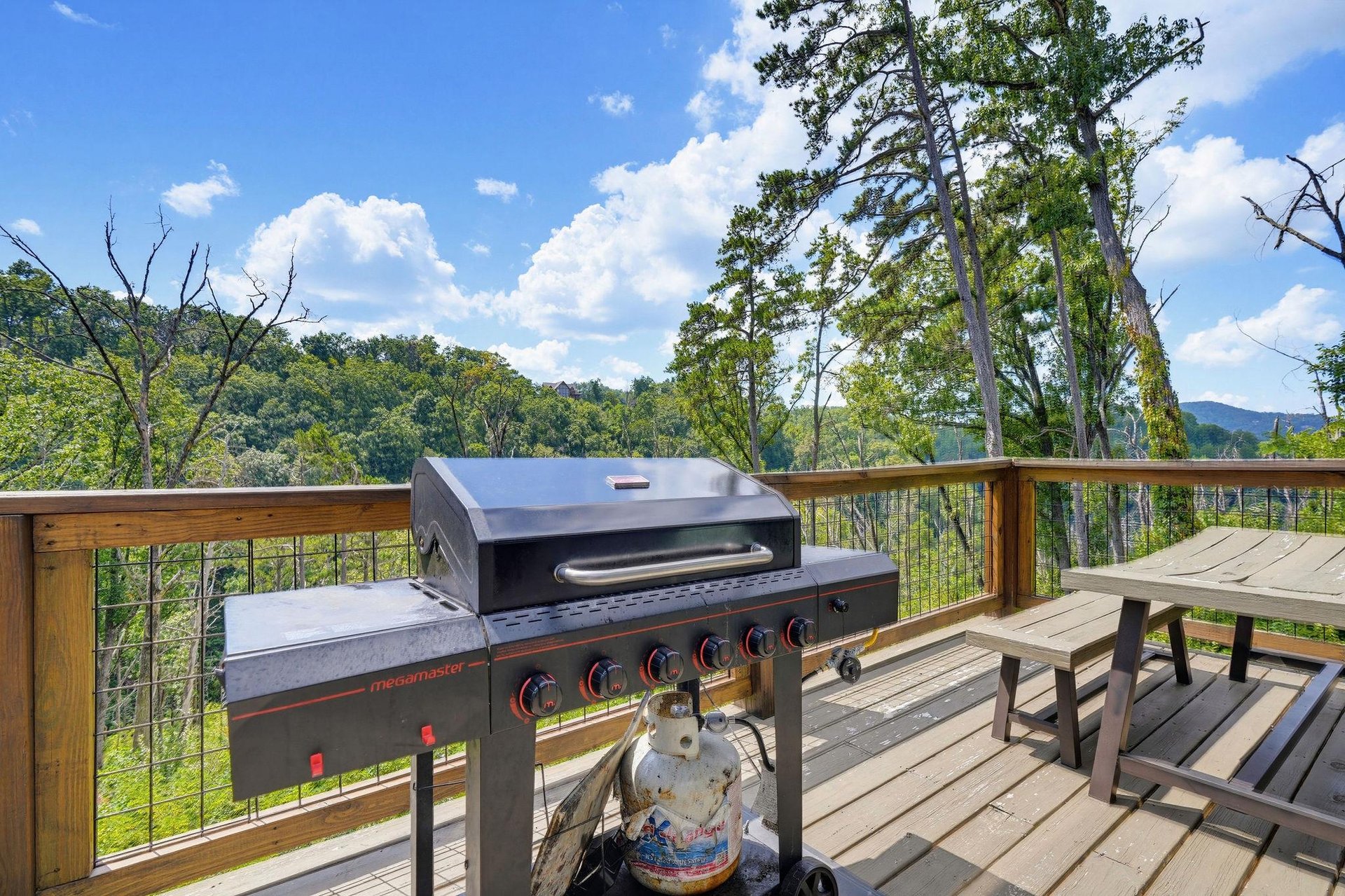 Fire up the grill and soak in sweeping mountain vistas from your private deck—the perfect spot to savor meals surrounded by lush, rolling hills and open skies.