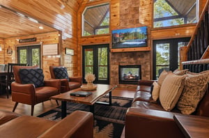 Sink into sumptuous leather seating by your crackling fireplace, where soaring timber ceilings and panoramic windows frame natures beauty perfectly.