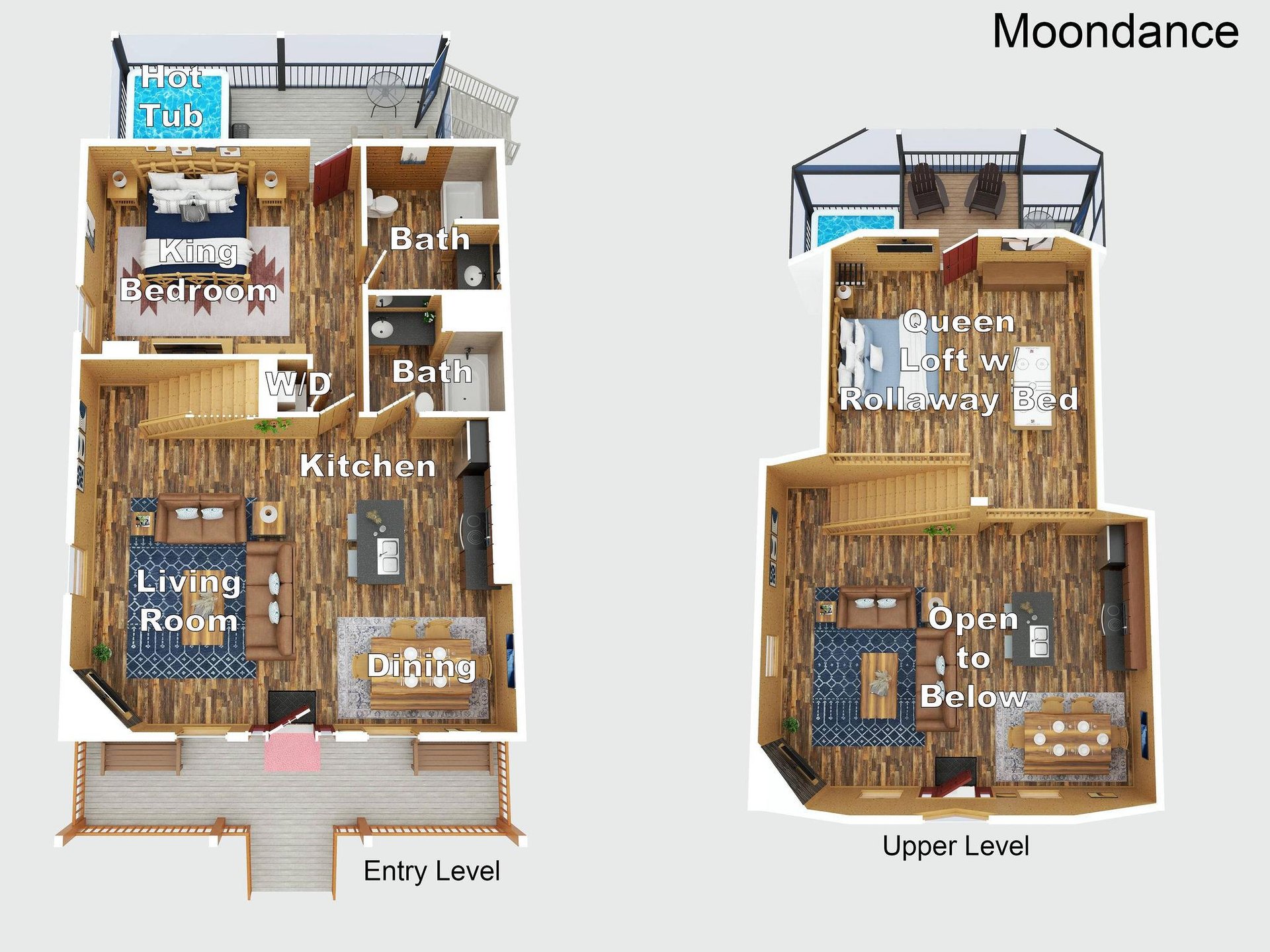Moondance floor plan reveals a spacious multilevel layout with a king bedroom, hot tub, open living areas, and a lofted queen suite with private rooftop deck.