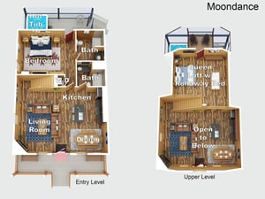 Moondance floor plan reveals a spacious multilevel layout with a king bedroom, hot tub, open living areas, and a lofted queen suite with private rooftop deck.