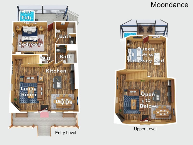 Moondance floor plan reveals a spacious multilevel layout with a king bedroom, hot tub, open living areas, and a lofted queen suite with private rooftop deck.