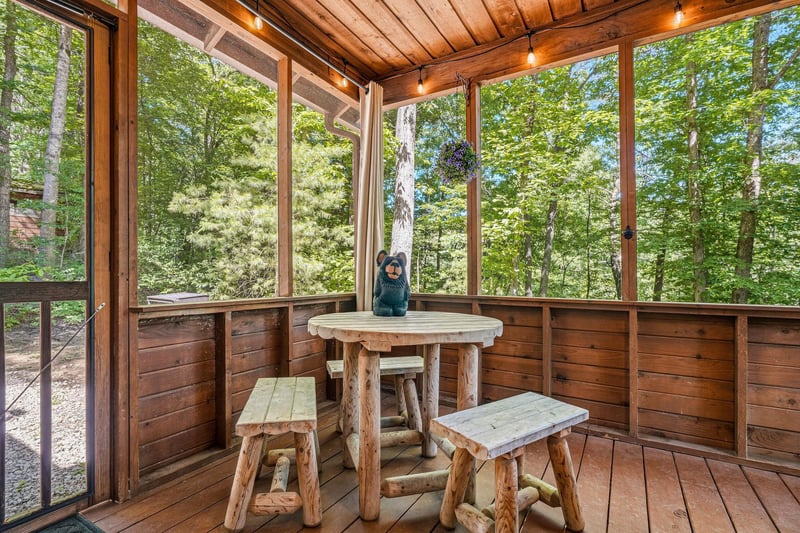 Settle into your private screened porch surrounded by towering trees, where rustic log furniture and soft lighting create a peaceful escape for morning coffee or evening relaxation.