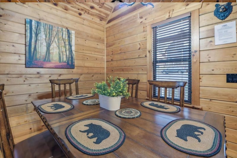 Gather around your rustic dining table adorned with charming bearthemed placemats, where warm cabin walls create the perfect mountain retreat atmosphere.