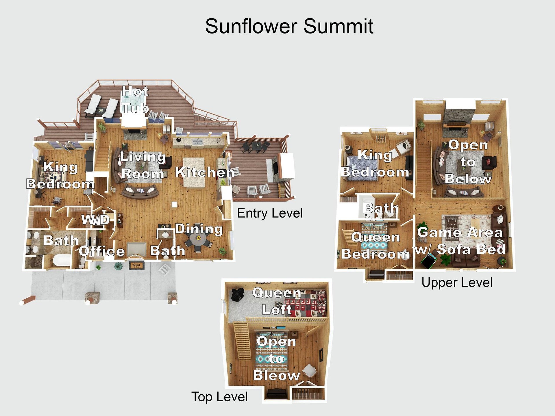 Sunflower Summits spacious layout spans three levels, featuring multiple bedrooms, a hot tub on the deck, and a game area—designed for comfort and group gatherings.