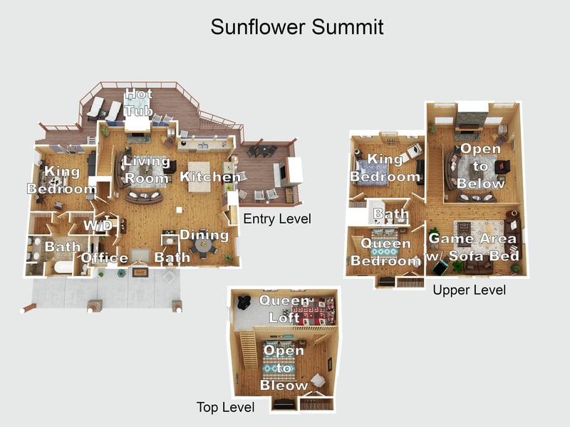 Sunflower Summits spacious layout spans three levels, featuring multiple bedrooms, a hot tub on the deck, and a game area—designed for comfort and group gatherings.