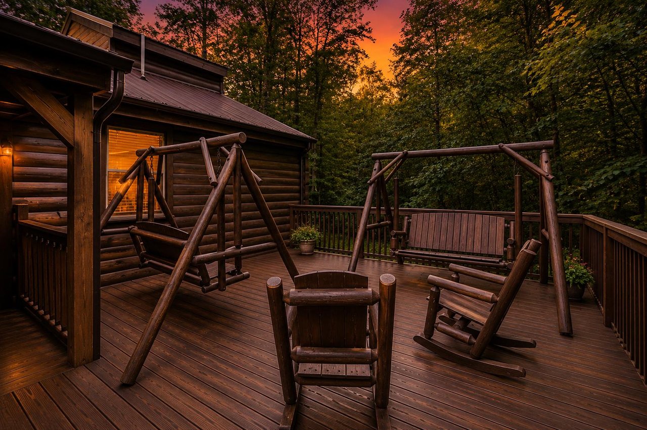 Deck with rocking chairs and swings