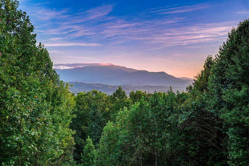 Stunning mountain vistas frame the property, with layered peaks rising beyond lush forest canopy. A tranquil natural setting where vibrant sunsets paint the sky in soft pinks and blues.