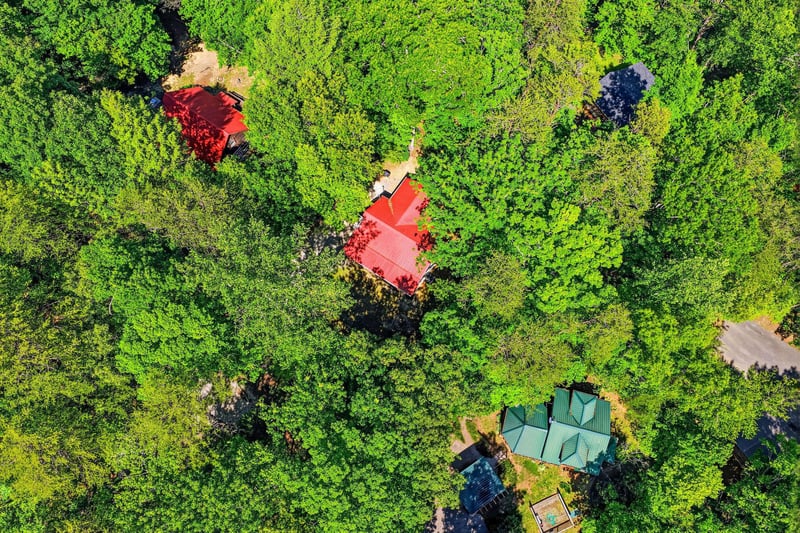 Aerial view showcasing the property nestled within lush tropical forest, with distinctly colored rooflines marking each building amid dense greenery.
