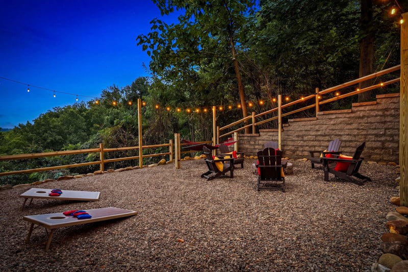 Picture yourself tossing beanbags under twinkling string lights as twilight settles over the trees—your private outdoor hangout perfect for games, laughter, and starlit conversations.