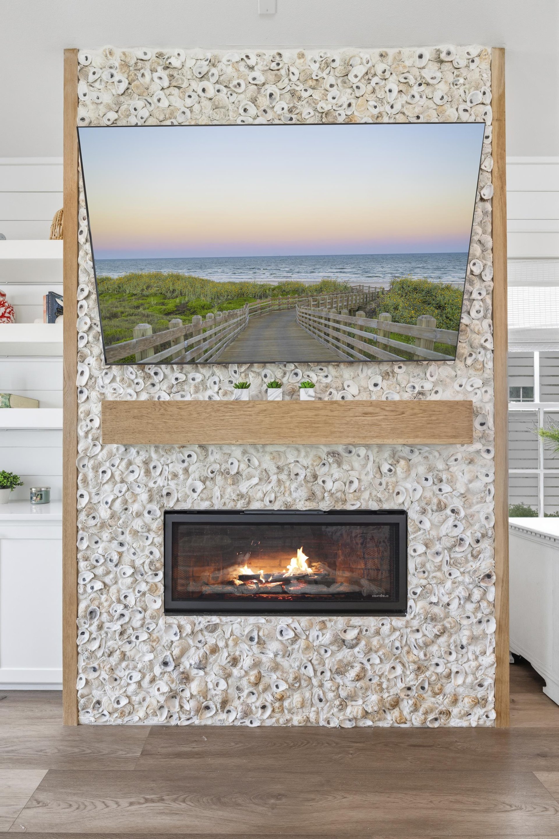 Fireplace featuring an oyster wall.