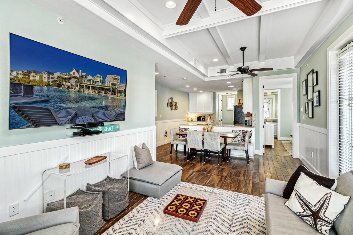 Living Area with 65 smart TV, DVD, and board games