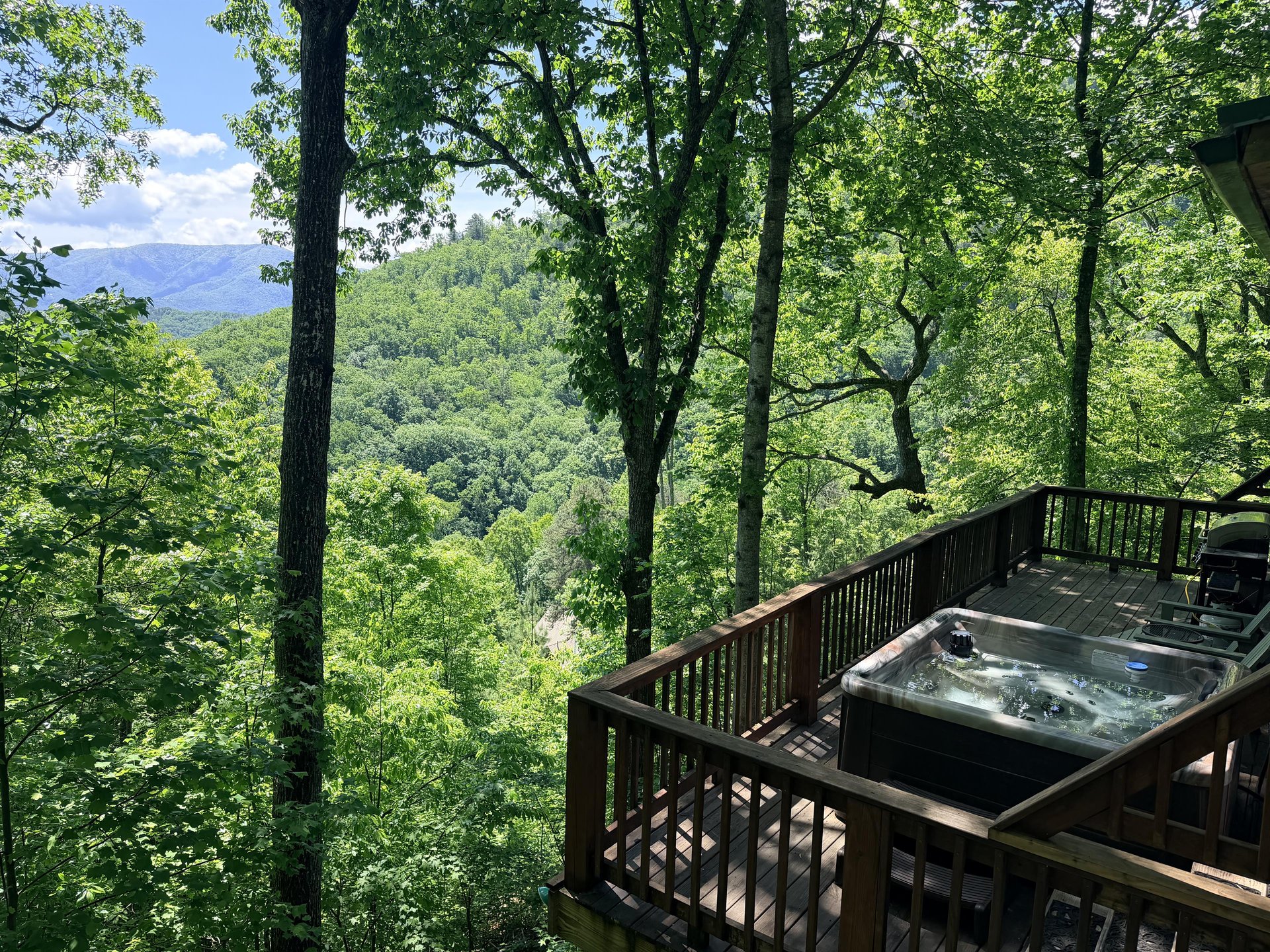 Soak in your private hot tub surrounded by lush forest and breathtaking mountain vistas—the perfect spot to unwind after a day of adventure.