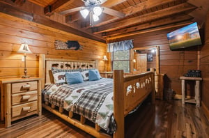 Unwind in this cozy rustic bedroom with exposed wood beams, warm pine walls, and a handcrafted log bed dressed in plaid and bearthemed linens. Natural light from the window and soft lamplight create 