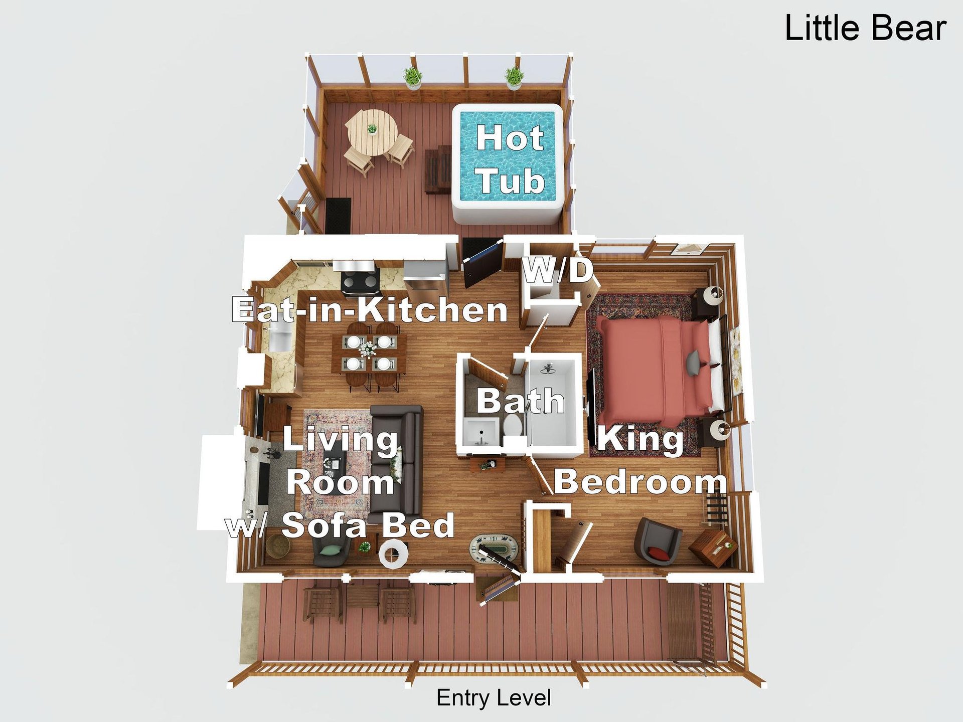 This clever floor plan shows your cozy cabin layout with king bedroom, full kitchen, living space with sofa bed, and private hot tub on the deck.