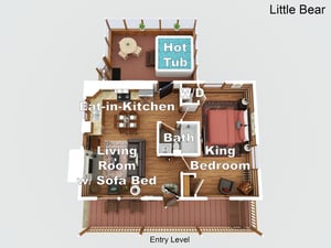 This clever floor plan shows your cozy cabin layout with king bedroom, full kitchen, living space with sofa bed, and private hot tub on the deck.