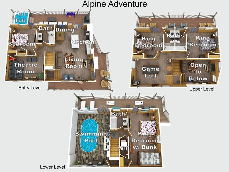 This spacious Alpine Adventure property showcases multiple levels with king bedrooms, game loft, theatre room, and private pool.