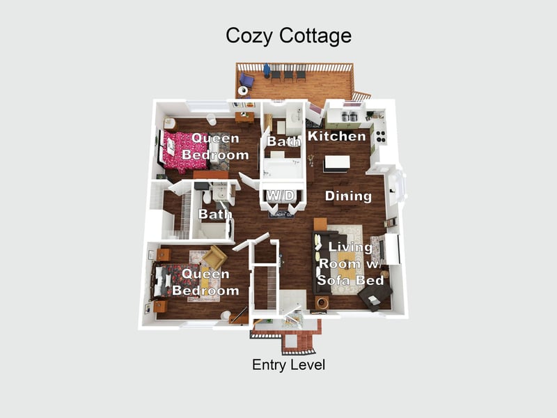 Cozy Cottage floor plan shows two queen bedrooms, two baths, full kitchen, dining area, living room with sofa bed, washerdryer, and spacious deck—perfect for your mountain getaway.