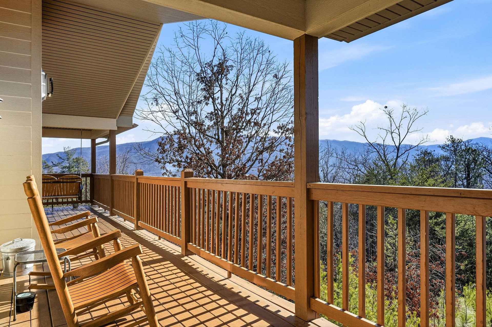 Settle into your rocking chair on this peaceful mountainview deck and let the stunning Appalachian vistas melt your stress away.