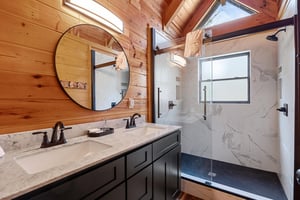 Double vanity sink with walk in shower