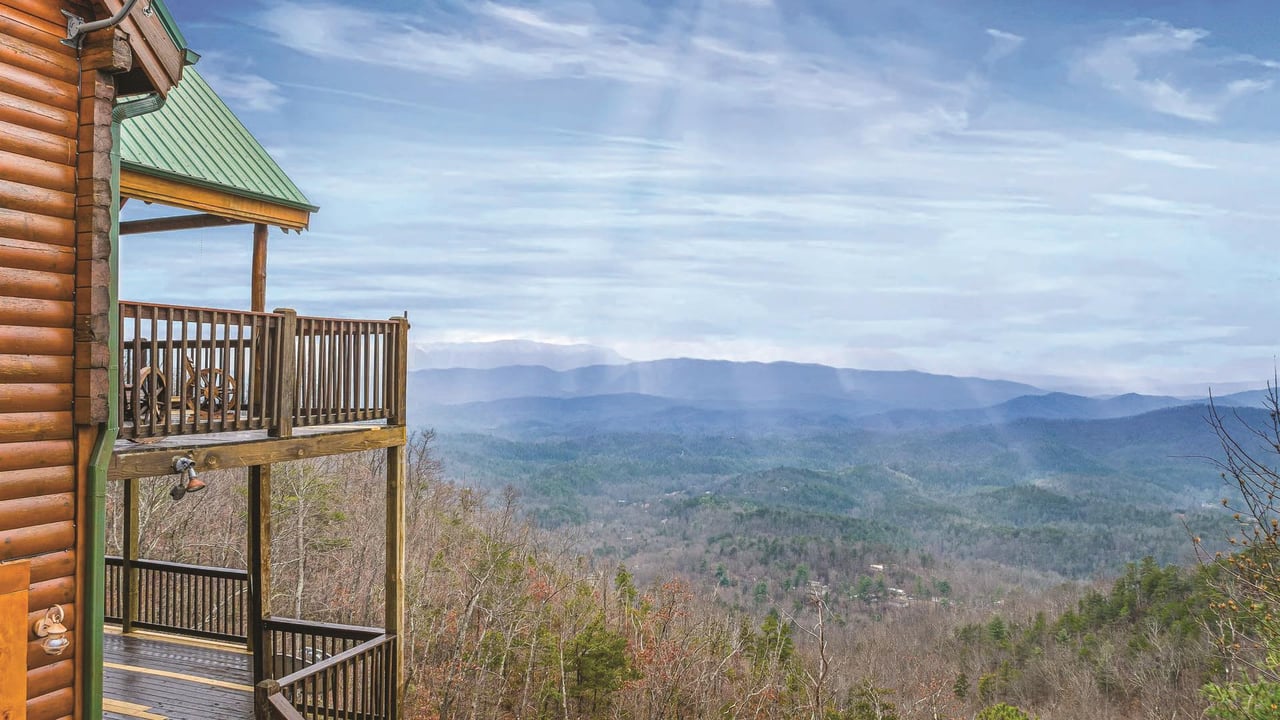 Shot of the mountains from a cabin.