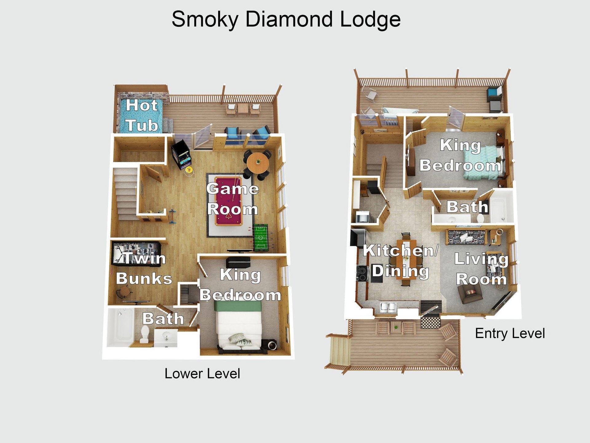 Detailed floor plan showing twolevel layout with bedrooms, game room, hot tub, and open living spaces at Smoky Diamond Lodge.