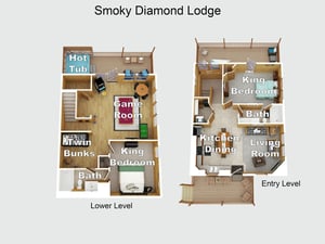 Detailed floor plan showing twolevel layout with bedrooms, game room, hot tub, and open living spaces at Smoky Diamond Lodge.