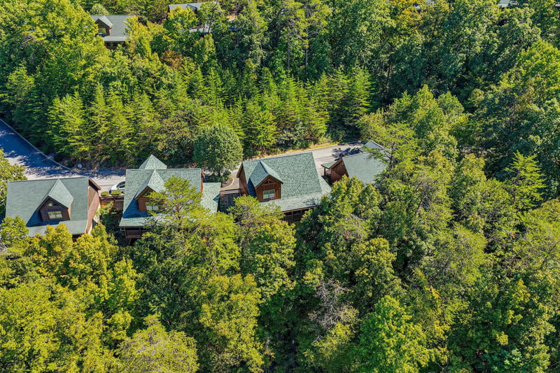 An aerial view capturing the property nestled among dense forest, with charming greenroofed cabins surrounded by mature trees and natural landscape.