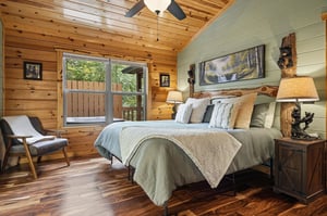 Drift off in this cozy bedroom, where rustic wood beams and soft linens invite a peaceful nights rest after your adventures.