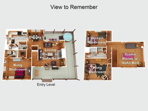 Floor plan showing a spacious layout with multiple bedrooms, bathrooms, game room, and hot tub—perfect for families or groups.