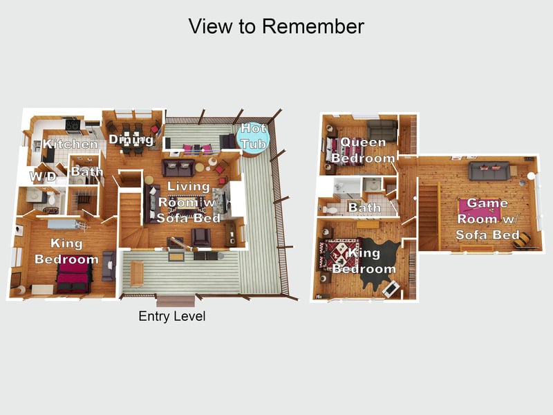 Floor plan showing a spacious layout with multiple bedrooms, bathrooms, game room, and hot tub—perfect for families or groups.