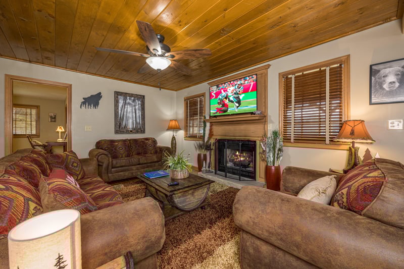 Living room w TV and fireplace