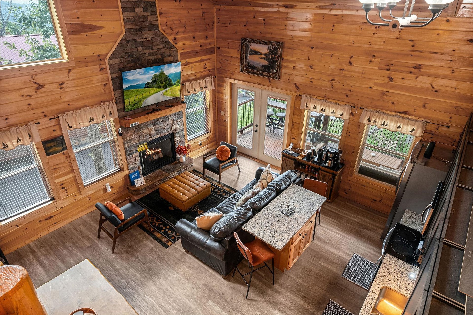 Aerial view of entry level living room